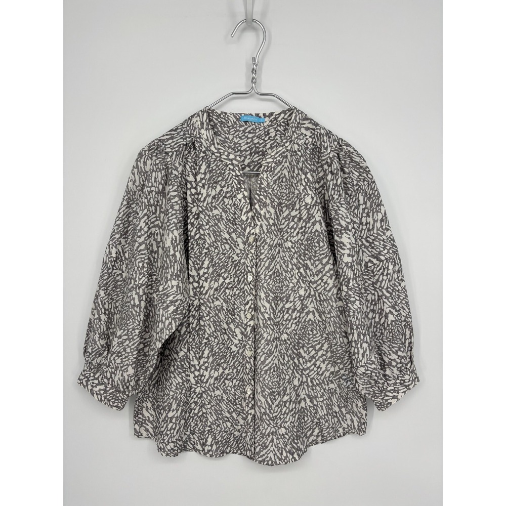 J. Mclaughlin Blouse Womens S Gray Animal Print Silk Blend Button Up Puff Sleeve